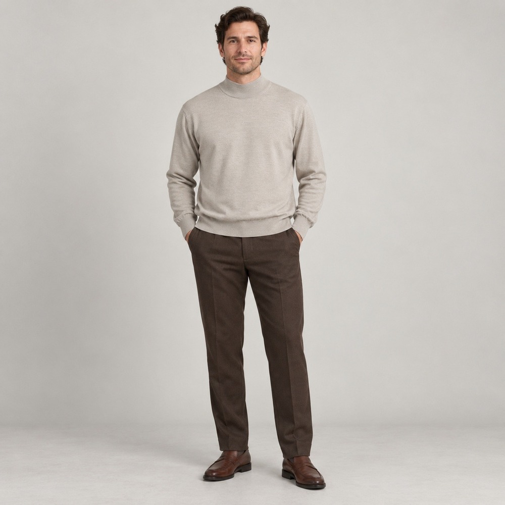 Alan Paine Mock Neck Sweater Mens UK 48 Beige Merino Wool Quiet Luxury